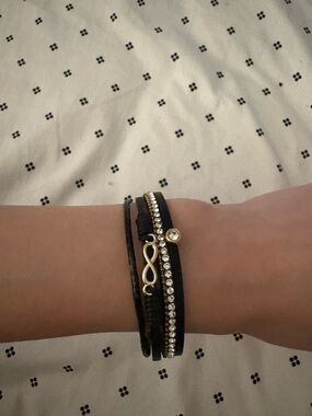 Black Multi-Strand Infinity Wrap Leather Bracelet with Crystal Accents